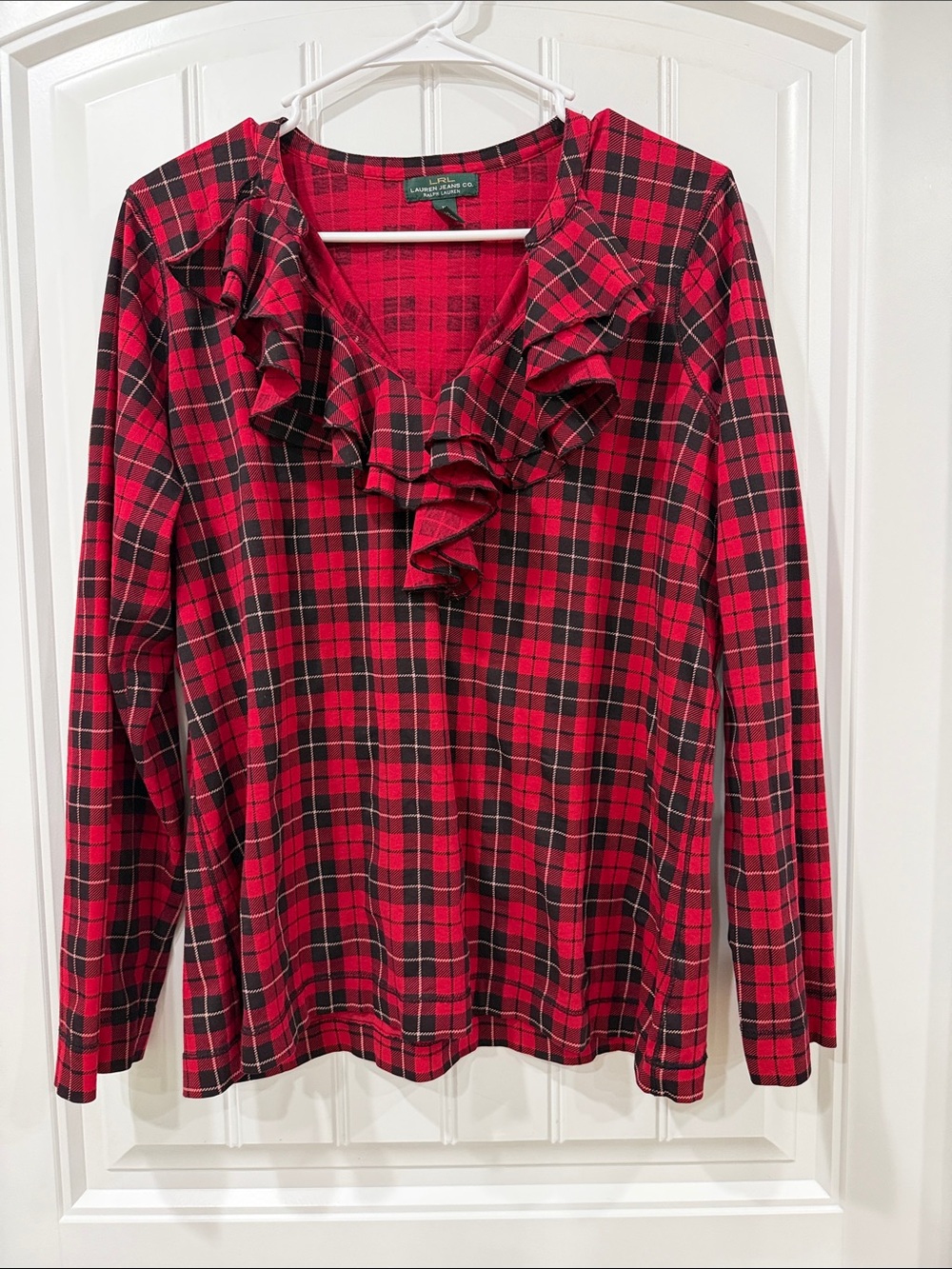 EUC Lauren Ralph Lauren Red and Black Plaid Tartan Ruffle-Neck Long-Sleeve Top